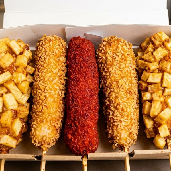 Five Korean corn dogs, two with potato, two with crispy coating, and one red spicy, in a box.