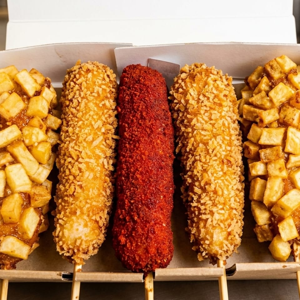 Five Korean corn dogs, two with potato, two with crispy coating, and one red spicy, in a box.