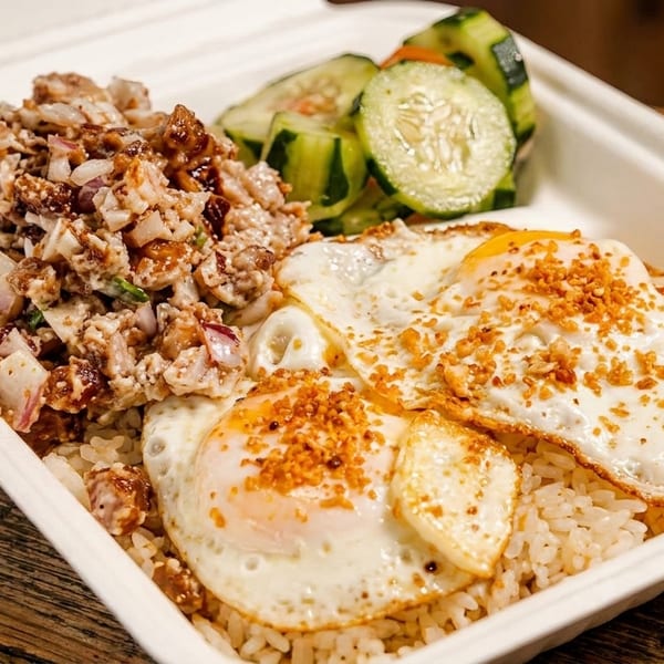 Filipino sisig with fried eggs, rice, and cucumber salad in a white takeout container.
