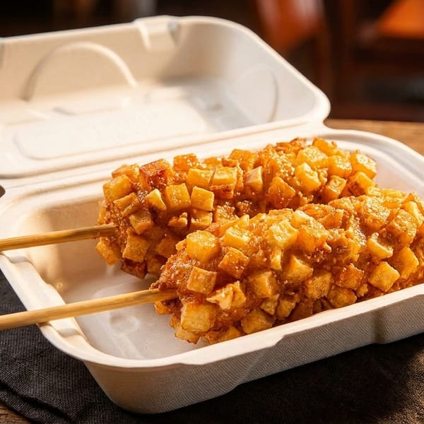 Two golden-brown Korean corn dogs, coated in crispy potato cubes, served in a white takeout container on a wooden table.