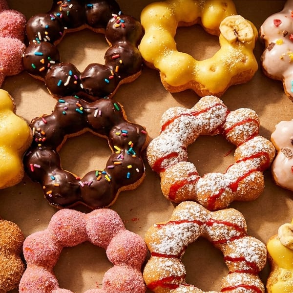 A box filled with various colorful mochi donuts, including chocolate, banana, and strawberry flavors.