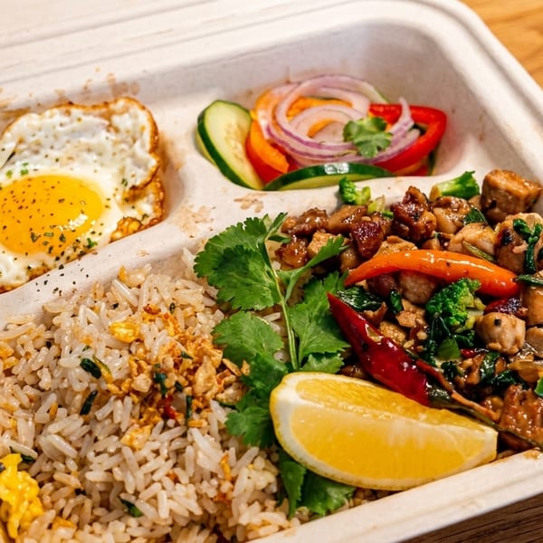 A takeout container with fried rice, a sunny-side-up egg, stir-fried chicken, and a side salad.
