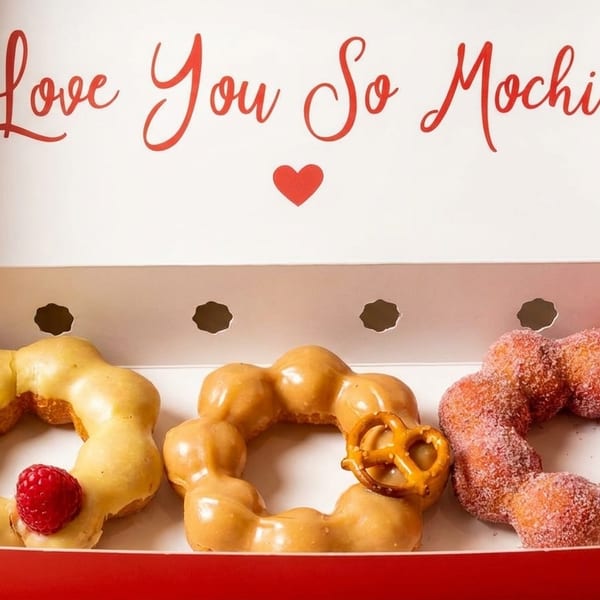 Three colorful mochi donuts in a red and white box that says "Love You So Mochi".