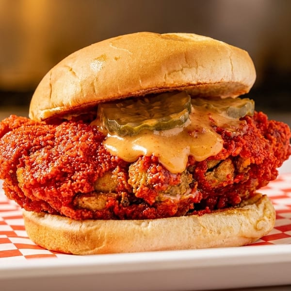 Spicy fried chicken sandwich with pickles and sauce on a red and white checkered paper.