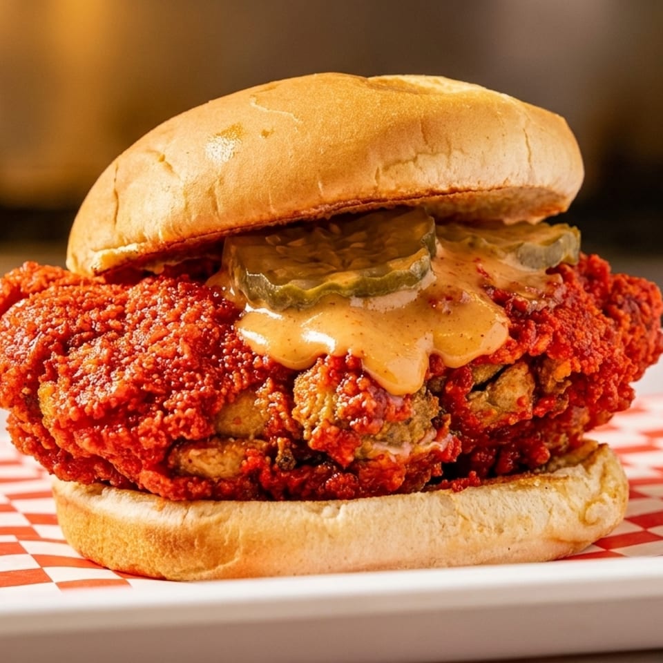 Spicy fried chicken sandwich with pickles and sauce on a red and white checkered paper.
