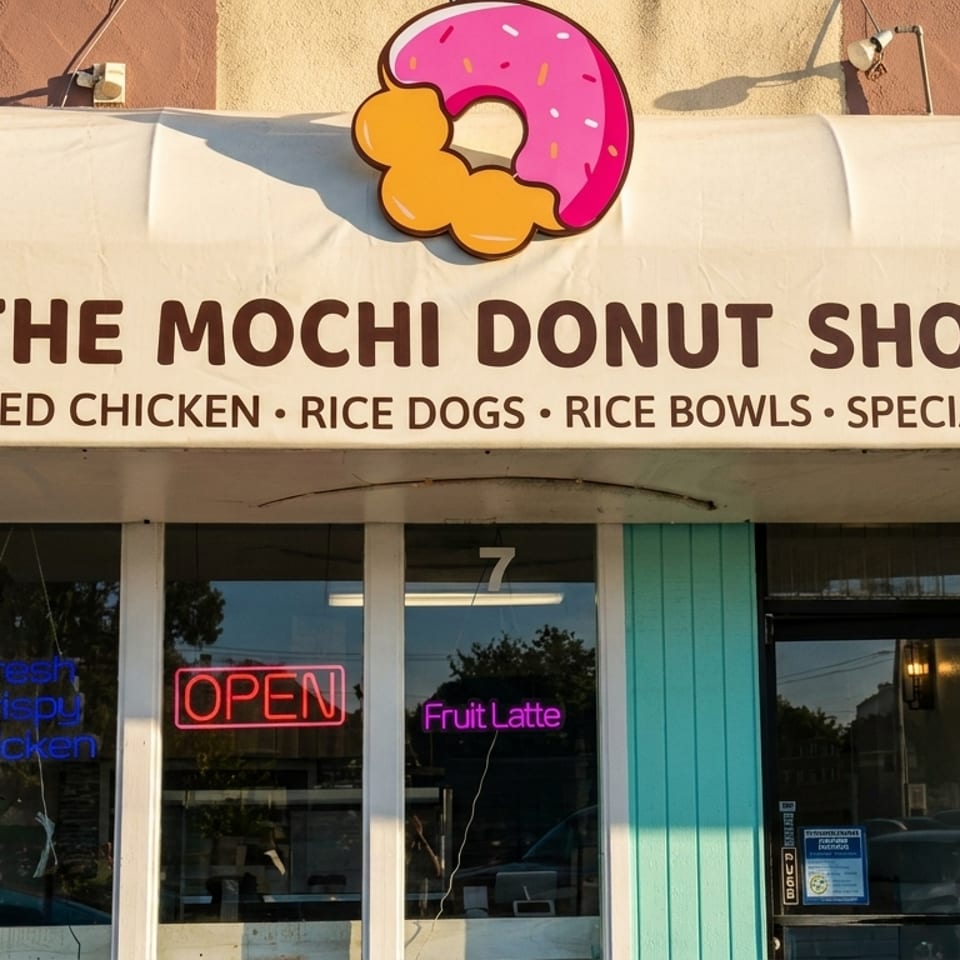 The Mochi Donut Shop storefront with a donut logo, advertising fried chicken, rice dogs, and specialty drinks.
