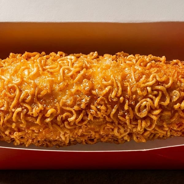 Crispy ramen-crusted Korean corn dog on a stick, served in a red and white paper tray.