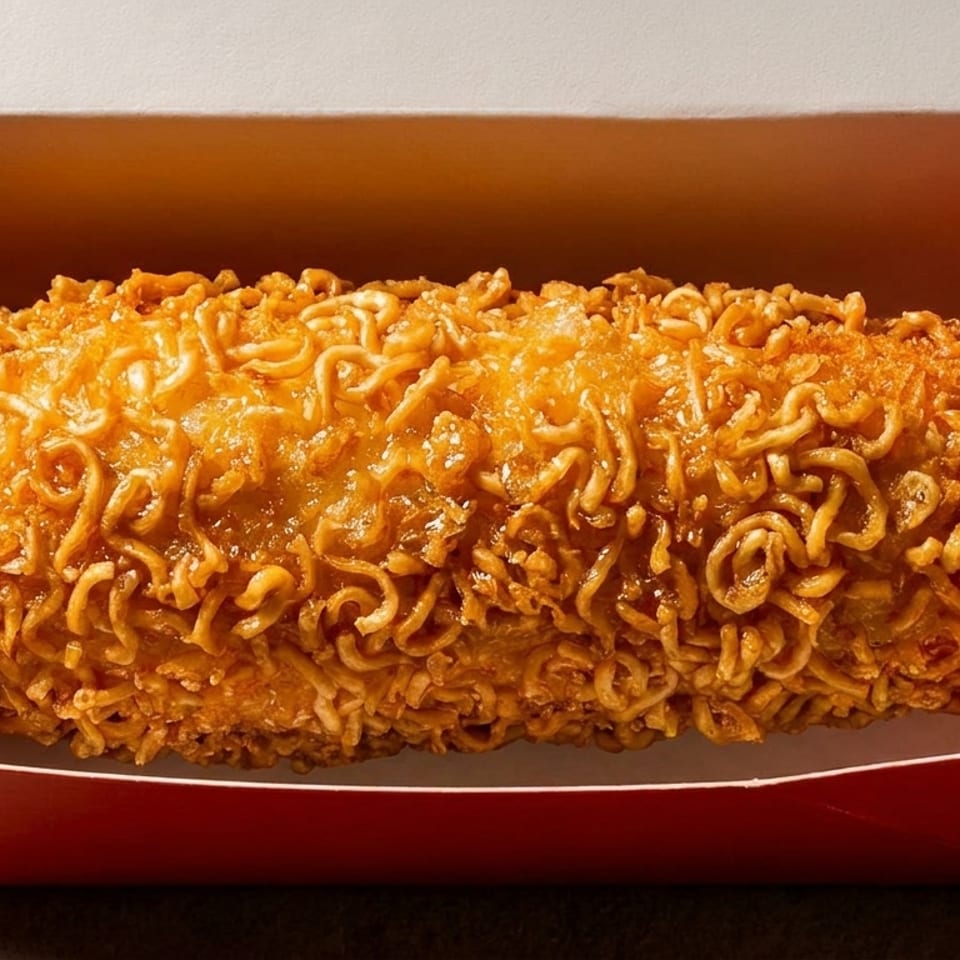 Crispy ramen-crusted Korean corn dog on a stick, served in a red and white paper tray.