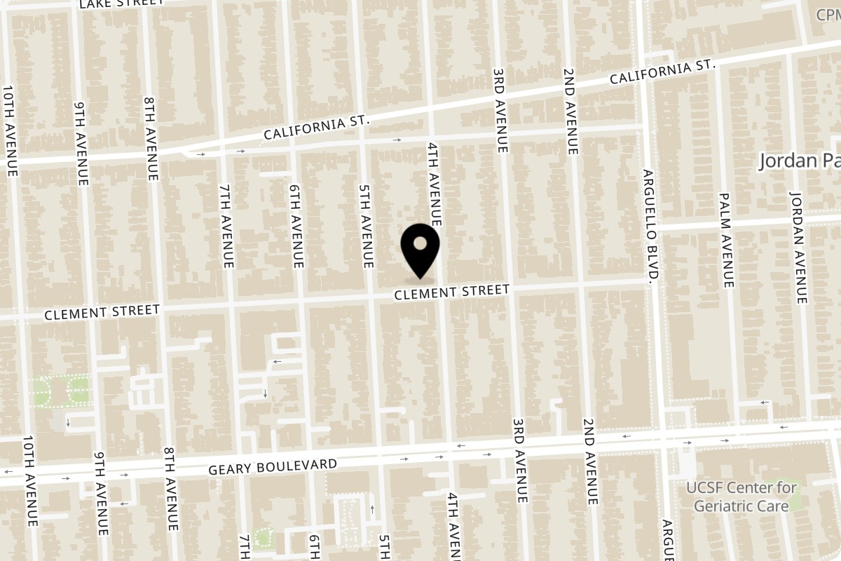 Map showing the location of The Mochi Donut Shop Clement on 308 Clement St in San Francisco